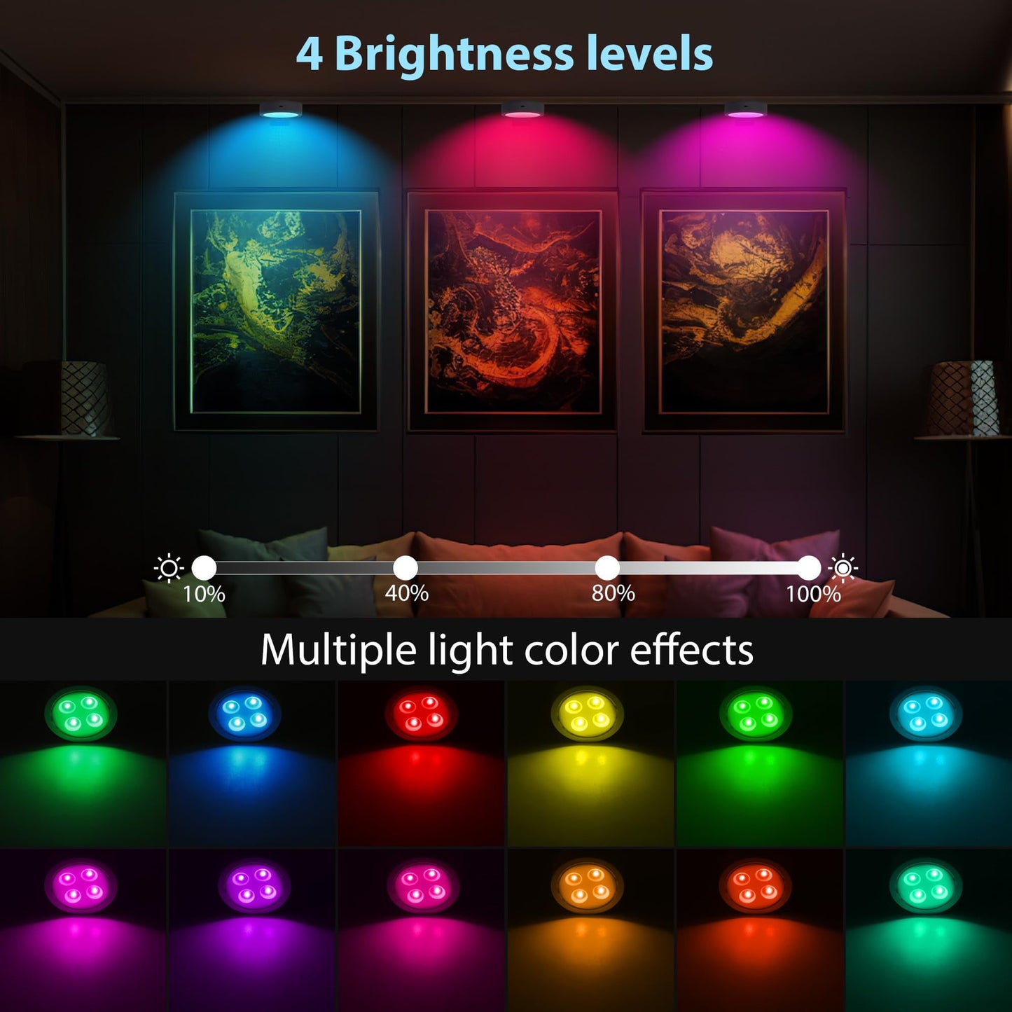 3 Pieces Magnetic LED Art Display Lights, 13 RGB Colors for Photo Frame Artwork, Wireless Painting Lights with Remote Control, Party Home Wall Decor Puck Lights, Black -RGB