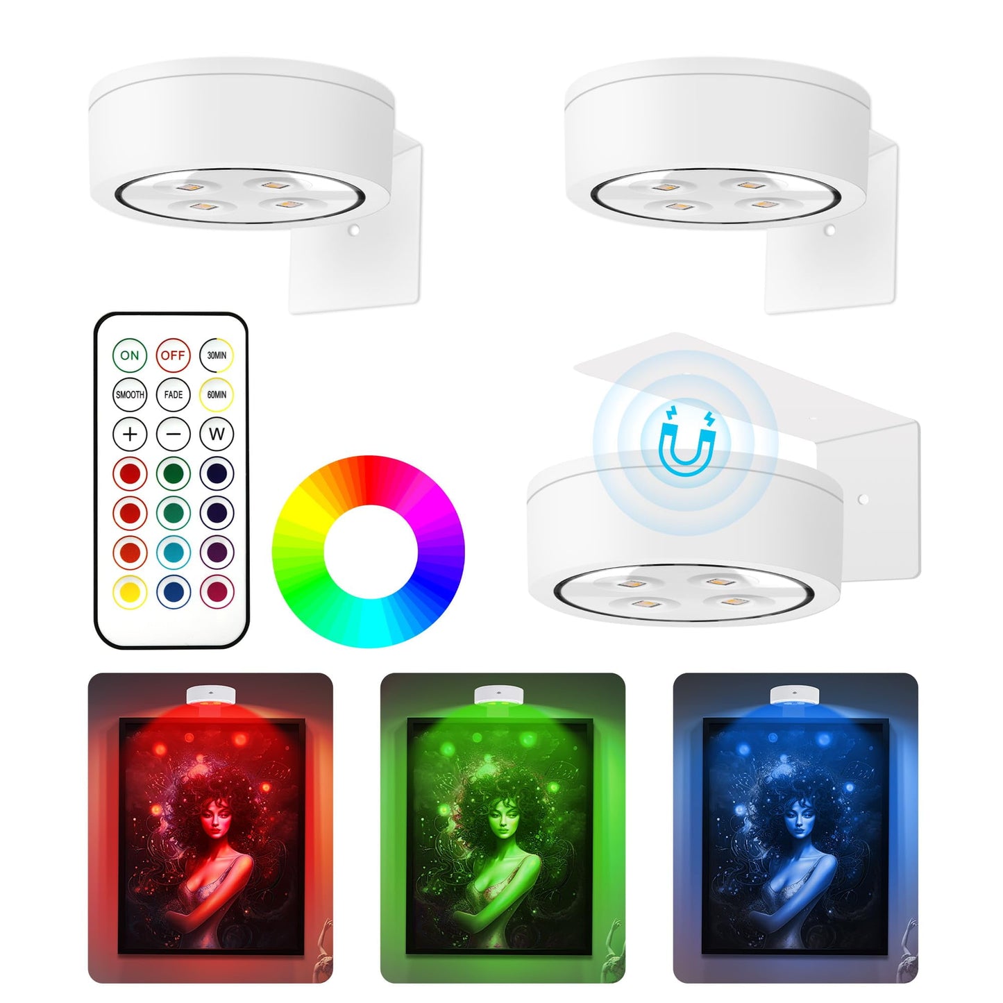 3 Pieces Magnetic LED Art Display Lights, 13 RGB Colors for Photo Frame Artwork, Wireless Painting Lights with Remote Control, Party Home Wall Decor Puck Lights, White -RGB