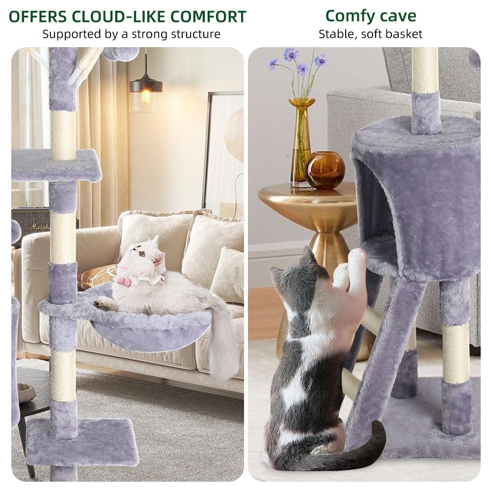 WHATOOK 54.3 Inch Indoor Cat Tree, Multi-Level Furniture Activity Center with Scratching Post, Upright House Apartment, Fun Toy, Kitten Pet Playhouse