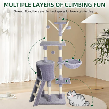 WHATOOK 54.3 Inch Indoor Cat Tree, Multi-Level Furniture Activity Center with Scratching Post, Upright House Apartment, Fun Toy, Kitten Pet Playhouse