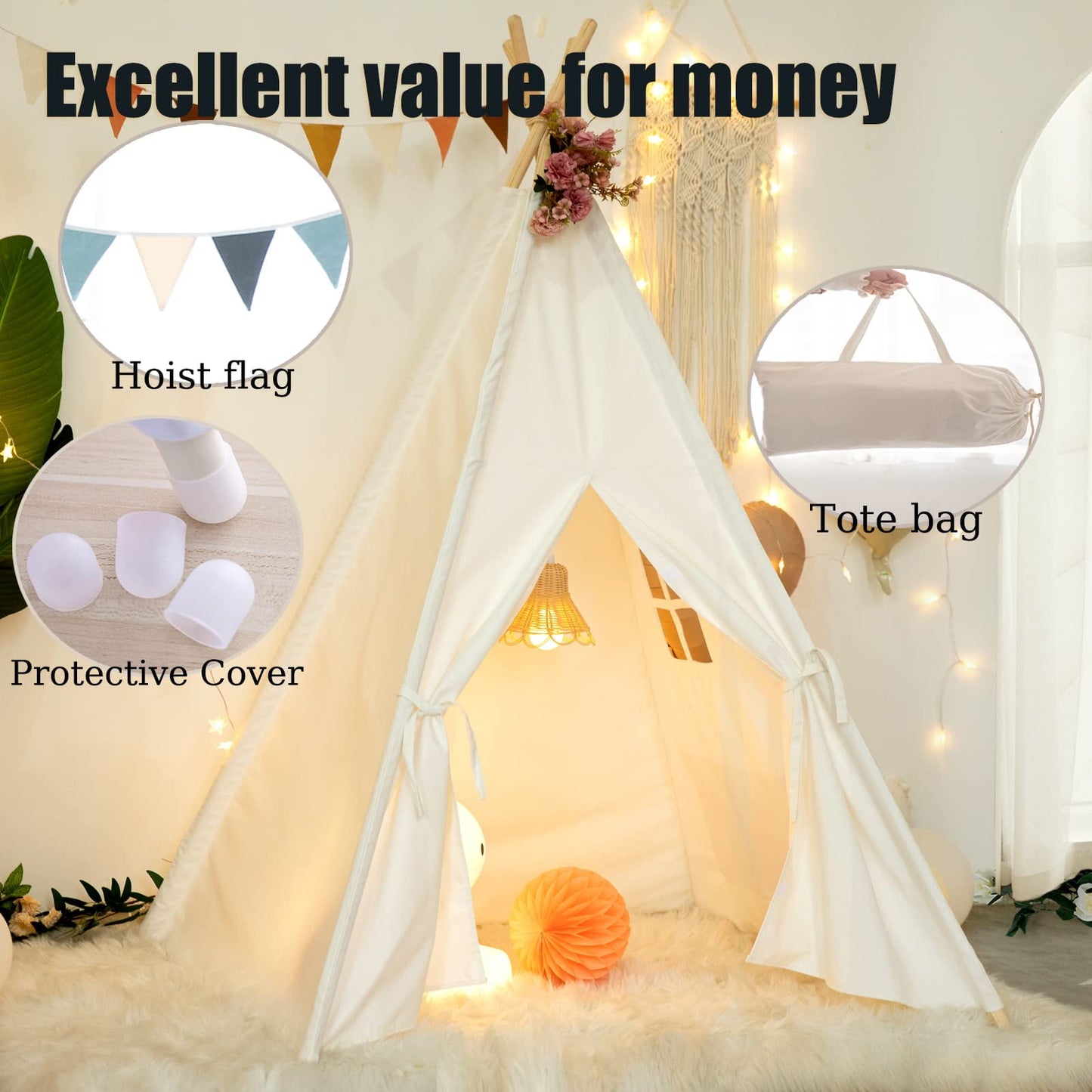 WHATOOK Cotton Canvas Toddler Tent - Washable Foldable Teepee Tent for Kids Indoor Tent, Outdoor Play Tent for Girls & Boys（1.6m）