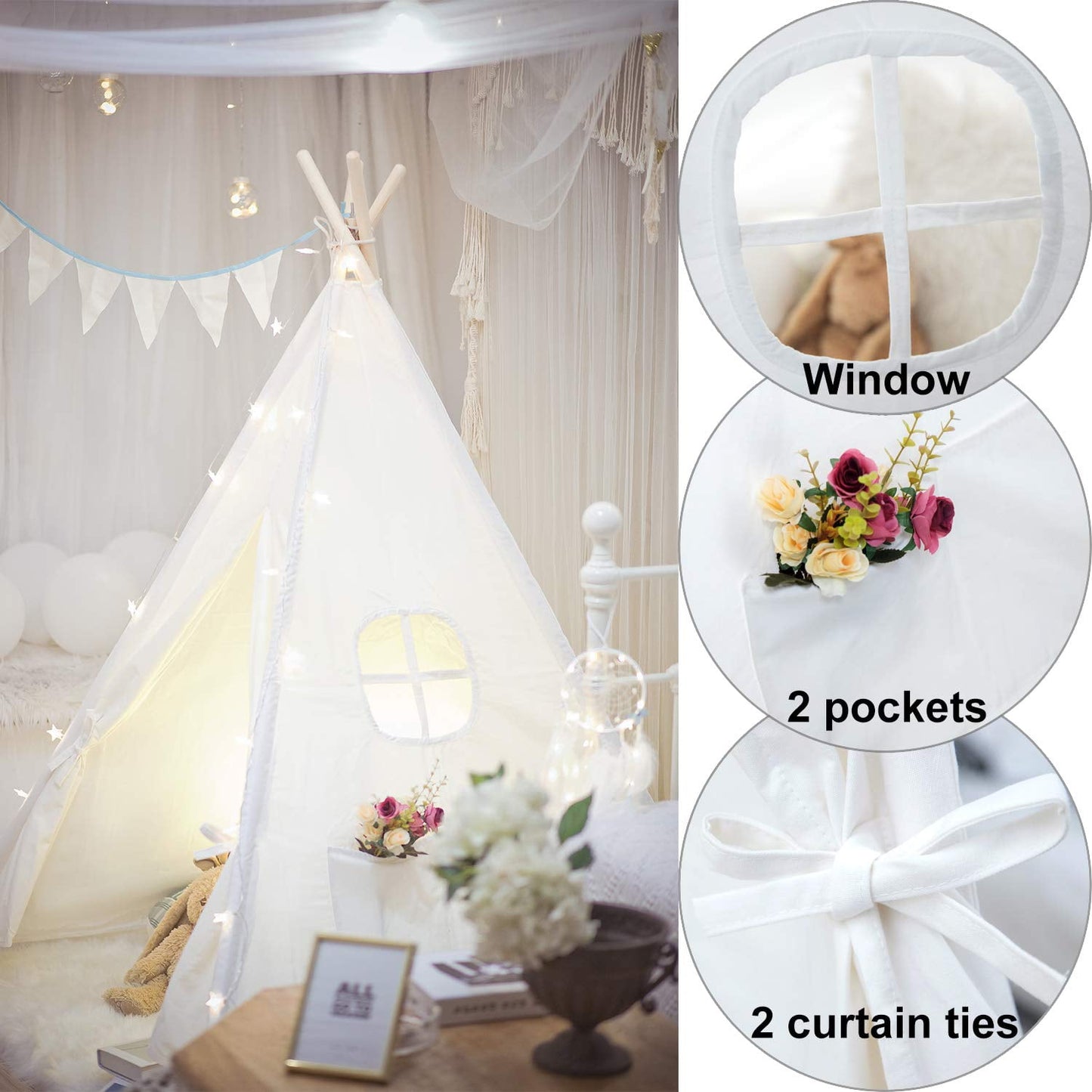 WHATOOK Cotton Canvas Toddler Tent - Washable Foldable Teepee Tent for Kids Indoor Tent, Outdoor Play Tent for Girls & Boys（1.6m）