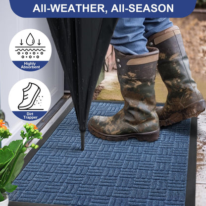 Hoofun Front Door Mat, Heavy Duty Durable Welcome Mat for Outdoor Indoor, Dirt Trapper Waterproof Super Absorbent Door Mat for Entryway Outside Patio Porch, 30" x 17", Blue