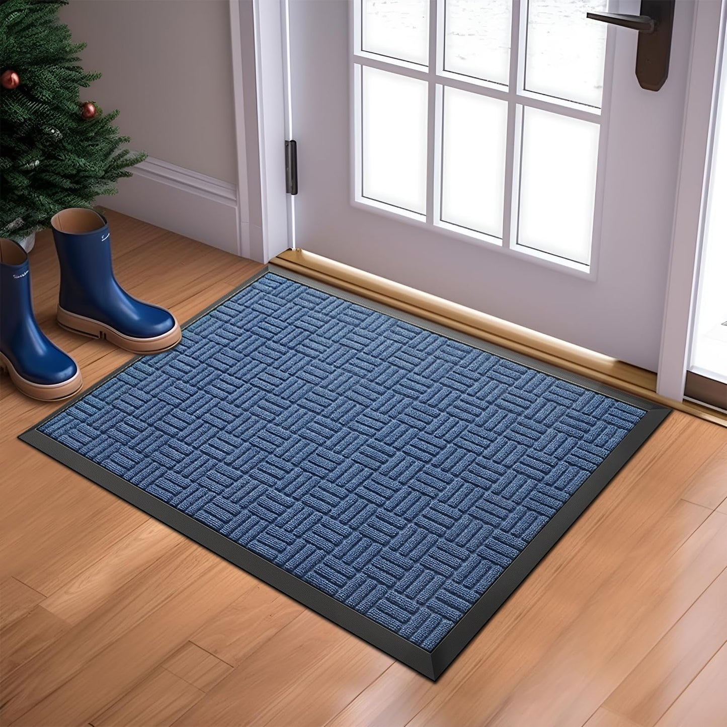 Hoofun Front Door Mat, Heavy Duty Durable Welcome Mat for Outdoor Indoor, Dirt Trapper Waterproof Super Absorbent Door Mat for Entryway Outside Patio Porch, 30" x 17", Blue