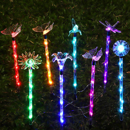 8 Pack Outdoor Solar Garden Stake Lights, Solar Butterfly Statue Lights, Multi-Color LED Landscape Lighting, Shining Star Flower Hummingbird Dragonfly Bee for Yard, Garden, Path