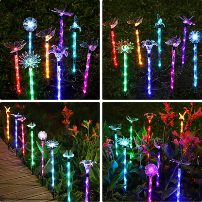 8 Pack Outdoor Solar Garden Stake Lights, Solar Butterfly Statue Lights, Multi-Color LED Landscape Lighting, Shining Star Flower Hummingbird Dragonfly Bee for Yard, Garden, Path