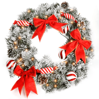 Christmas Wreaths, 24 inch 50LED Red Bow Christmas Wreath with Lights Pinecones Red Berries Ball Ornaments,Battery Operated Artificial Xmas Wreath Decorations Outdoor Indoor Fireplace Window Decor