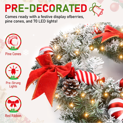 Christmas Wreaths, 24 inch 50LED Red Bow Christmas Wreath with Lights Pinecones Red Berries Ball Ornaments,Battery Operated Artificial Xmas Wreath Decorations Outdoor Indoor Fireplace Window Decor