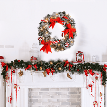 Christmas Wreaths, 24 inch 50LED Red Bow Christmas Wreath with Lights Pinecones Red Berries Ball Ornaments,Battery Operated Artificial Xmas Wreath Decorations Outdoor Indoor Fireplace Window Decor