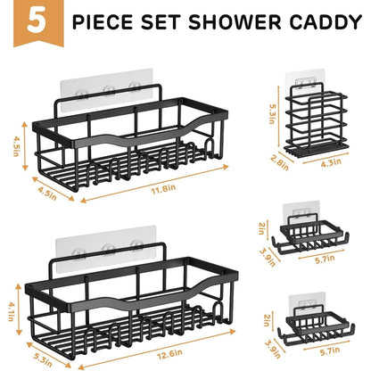 Hoofun Shower Caddy 5 Pack Rustproof Stainless Steel Shower Shelves, No Drilling, Thickened Shower Caddy with Soap Holder and Hooks, Large Capacity Shower Shelf for Bathroom and Kitchen Black