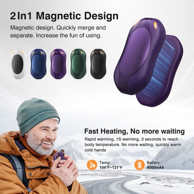 WHATOOK Hand Warmers Rechargeable 2 Pack,4000mAh Portable Electric Hand Warmer 2 in 1 Magnetic Reusable Heater 3 Heat Settings, Best Christmas Gifts for Women Mens,Raynauds, Hunting, Golf, Camping