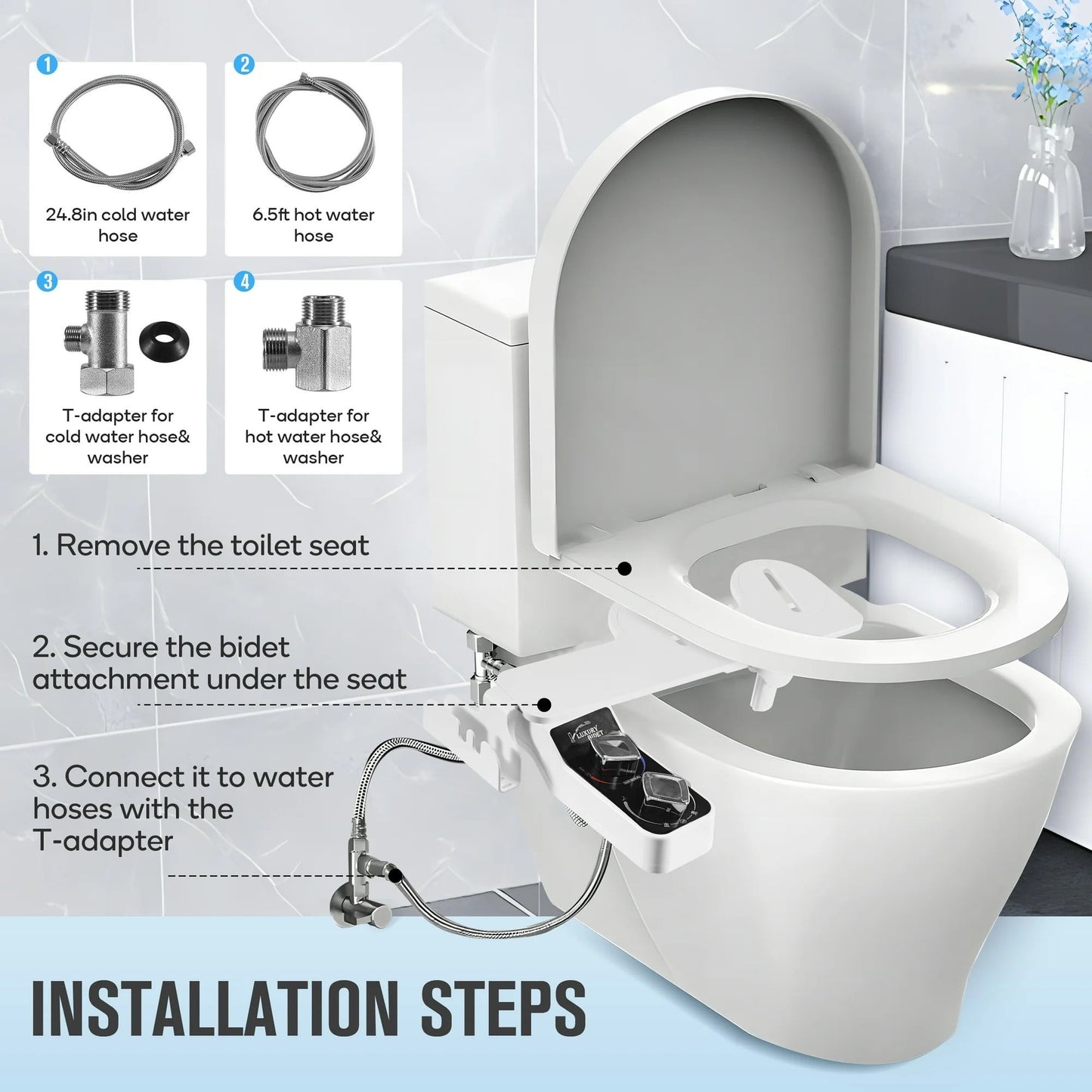 Bidet Attachment for Toilet, Dual Nozzle Adjustable Pressure Bidet Sprayer,Self-Cleaning Dual Nozzles - Black