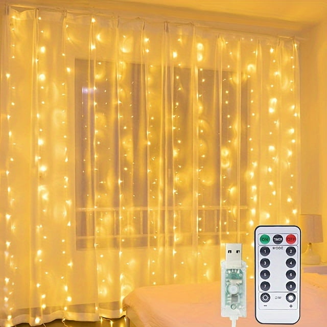 300 LED Curtain String Lights, 9.9Ft x 9.9Ft Copper Wire Window Lights Waterproof 8 Modes & Remote, USB Powered Fairy Lights for Outdoor Indoor Bedroom Party Wedding Wall Decoration (Warm White)