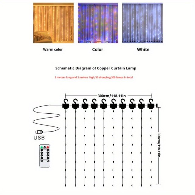 300 LED Curtain String Lights, 9.9Ft x 9.9Ft Copper Wire Window Lights Waterproof 8 Modes & Remote, USB Powered Fairy Lights for Outdoor Indoor Bedroom Party Wedding Wall Decoration (Warm White)