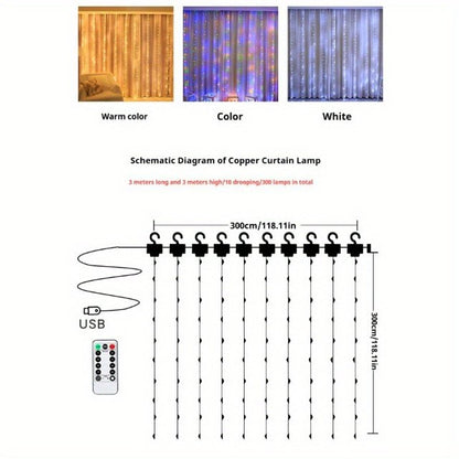 300 LED Curtain String Lights, 9.9Ft x 9.9Ft Copper Wire Window Lights Waterproof 8 Modes & Remote, USB Powered Fairy Lights for Outdoor Indoor Bedroom Party Wedding Wall Decoration (Warm White)