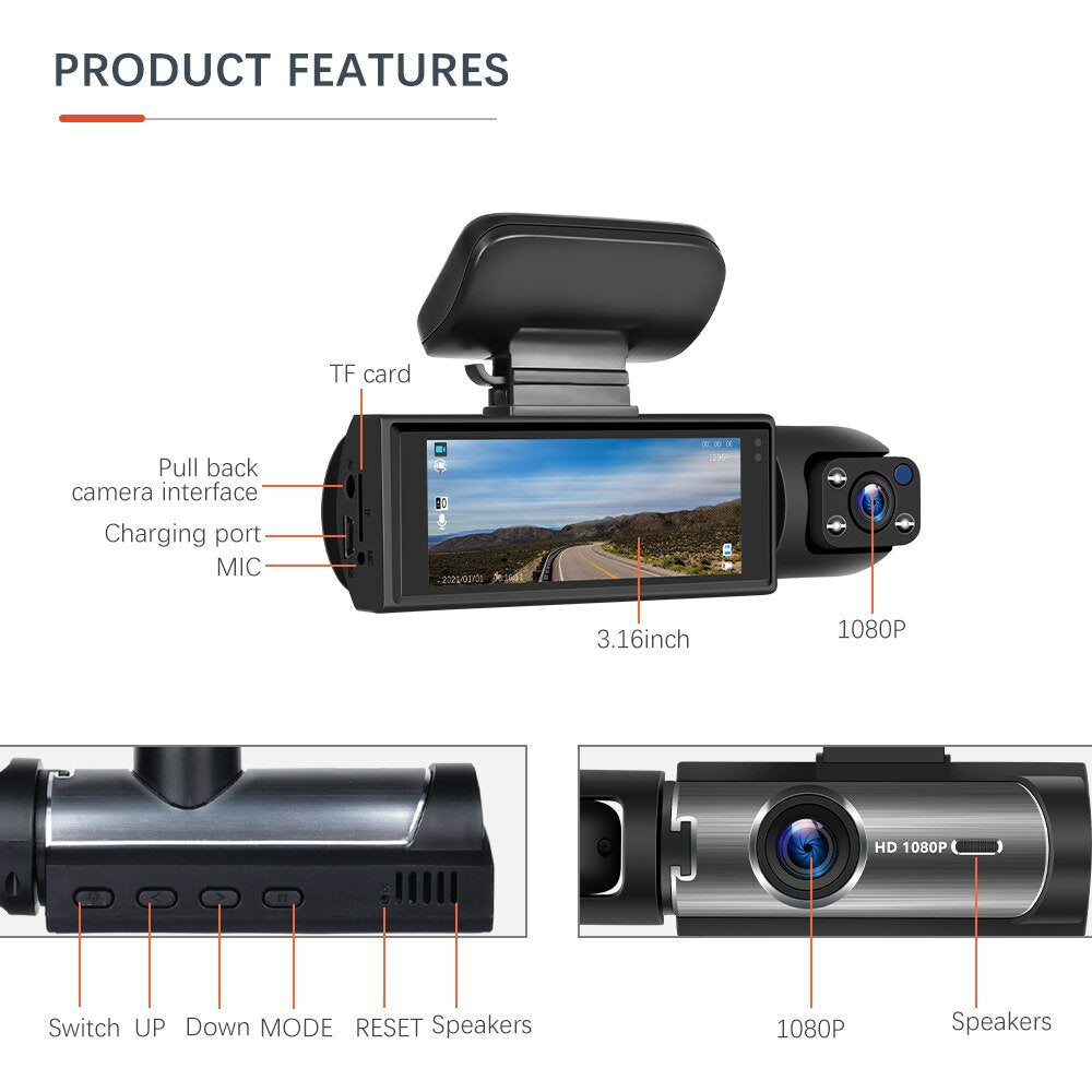 Dash Cam Front And Rear 1080P Dash Camera For Cars IR Night Vision Car Camera(32GB), 360° Lens, IR Night Vision, Loop Recording, Wide Angle Lens for Safe Driving Experience