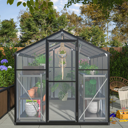 6’x8’ Greenhouse for Outdoors, Upgraded Polycarbonate Greenhouse Walk in, w/Vent Window, Rain Gutter, Lockable Door & Reinforce Connector Heavy-Duty Aluminum Hot House for Backyard Garden