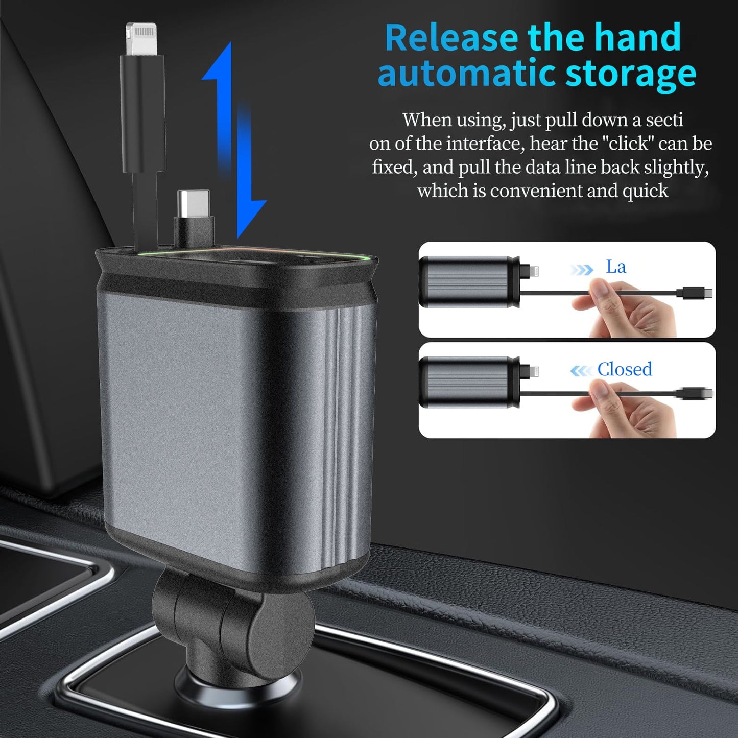 WHATOOK 4 in 1 Retractable Car Charger, 66W Fast Car Charger with Starlight in Car Roof, Retractable Cables and 2 Charging Ports Fit for iPhone 15/14/13,iPad,Galaxy and Multiple Devices