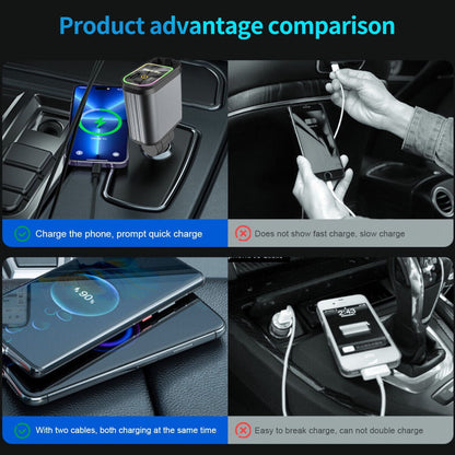 WHATOOK 4 in 1 Retractable Car Charger, 66W Fast Car Charger with Starlight in Car Roof, Retractable Cables and 2 Charging Ports Fit for iPhone 15/14/13,iPad,Galaxy and Multiple Devices