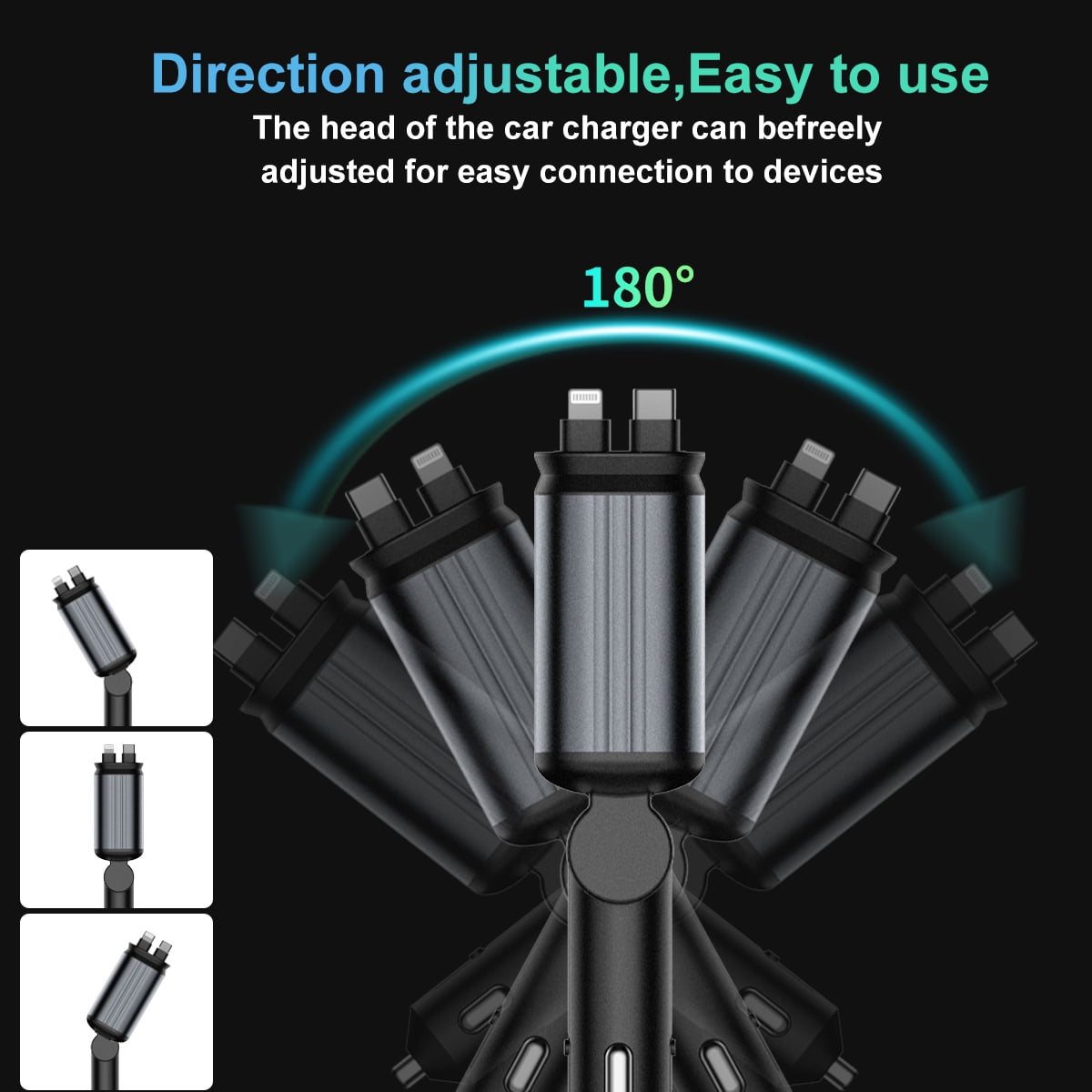 WHATOOK 4 in 1 Retractable Car Charger, 66W Fast Car Charger with Starlight in Car Roof, Retractable Cables and 2 Charging Ports Fit for iPhone 15/14/13,iPad,Galaxy and Multiple Devices