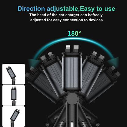 WHATOOK 4 in 1 Retractable Car Charger, 66W Fast Car Charger with Starlight in Car Roof, Retractable Cables and 2 Charging Ports Fit for iPhone 15/14/13,iPad,Galaxy and Multiple Devices