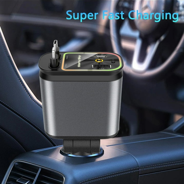 WHATOOK 4 in 1 Retractable Car Charger, 66W Fast Car Charger with Starlight in Car Roof, Retractable Cables and 2 Charging Ports Fit for iPhone 15/14/13,iPad,Galaxy and Multiple Devices