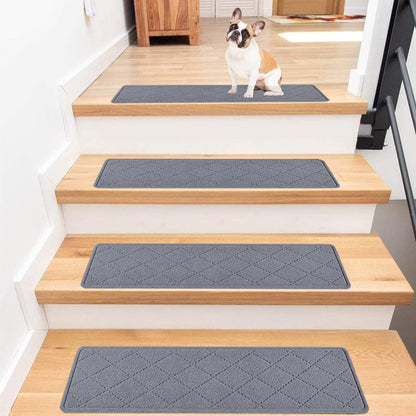 WHATOOK Stair Treads for Wooden Steps Indoor, 15 Pack 8" X 30" Non Slip Carpet Stair Treads with Reusable Adhesive Washable Runners Kids Dog-Friendly Treads Mats Set Grey