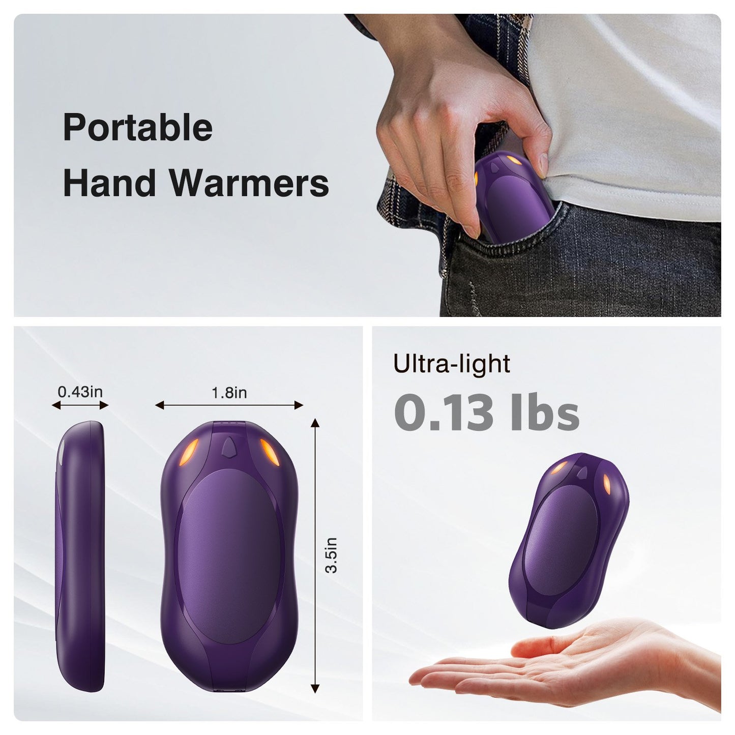 2 in 1 Magnetic Rechargeable Hand Warmers, Electric Portable Pocketed Handwarmers, 3 Heat Settings for Heat Therapy , Hunting, Outdoor Activity , Women Mens Gifts, Purple