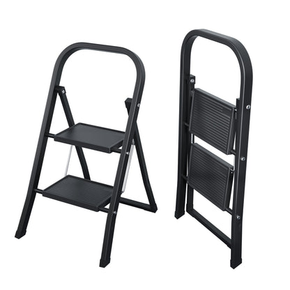 2 Step Ladder, Folding Step Stool, Wider Upgraded Non-Slip Treads, Sturdy Steel Ladder, Convenient Handgrip, Portable Lightweight Ladder for Home and Kitchen, Holds up to 330 Lbs, Black