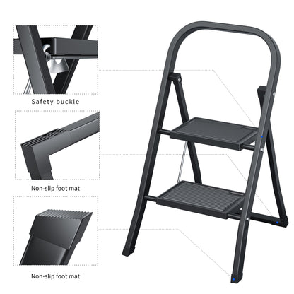 2 Step Ladder, Folding Step Stool, Wider Upgraded Non-Slip Treads, Sturdy Steel Ladder, Convenient Handgrip, Portable Lightweight Ladder for Home and Kitchen, Holds up to 330 Lbs, Black