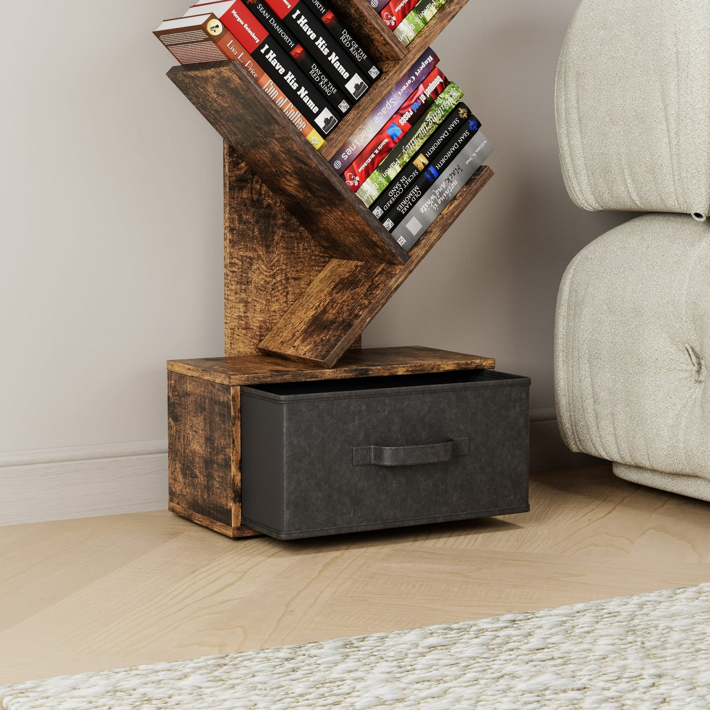 9 Tier Tree Bookshelf with Drawer Bookcase, Floor Standing Book Storage Shelf, Tree Bookcase for CDs/Books/Movies, Bookshelf Organizer for Bedroom, Living Room, Home Office, Rustic Brown