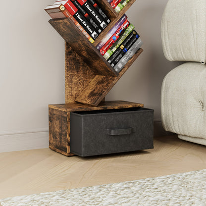 9 Tier Tree Bookshelf with Drawer Bookcase, Floor Standing Book Storage Shelf, Tree Bookcase for CDs/Books/Movies, Bookshelf Organizer for Bedroom, Living Room, Home Office, Rustic Brown