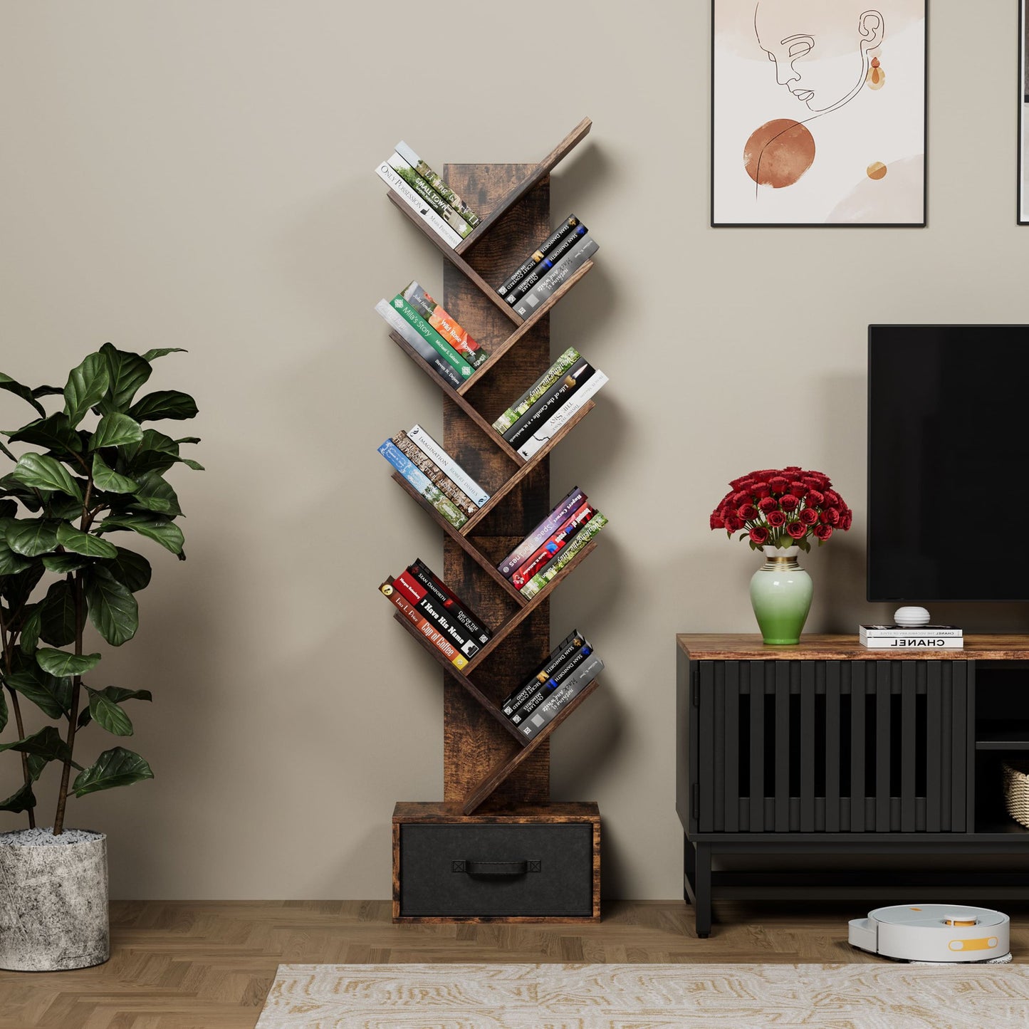 9 Tier Tree Bookshelf with Drawer Bookcase, Floor Standing Book Storage Shelf, Tree Bookcase for CDs/Books/Movies, Bookshelf Organizer for Bedroom, Living Room, Home Office, Rustic Brown