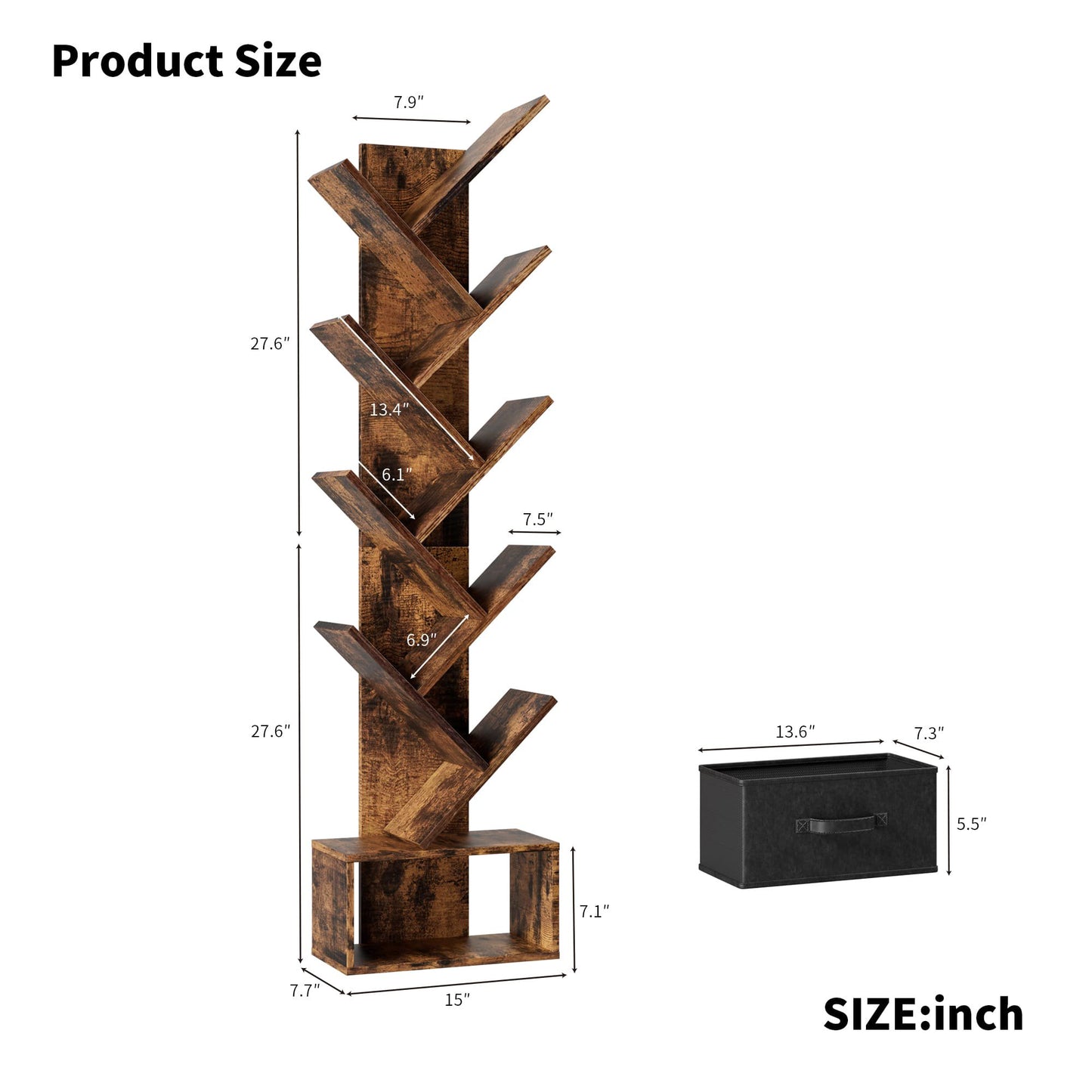 9 Tier Tree Bookshelf with Drawer Bookcase, Floor Standing Book Storage Shelf, Tree Bookcase for CDs/Books/Movies, Bookshelf Organizer for Bedroom, Living Room, Home Office, Rustic Brown