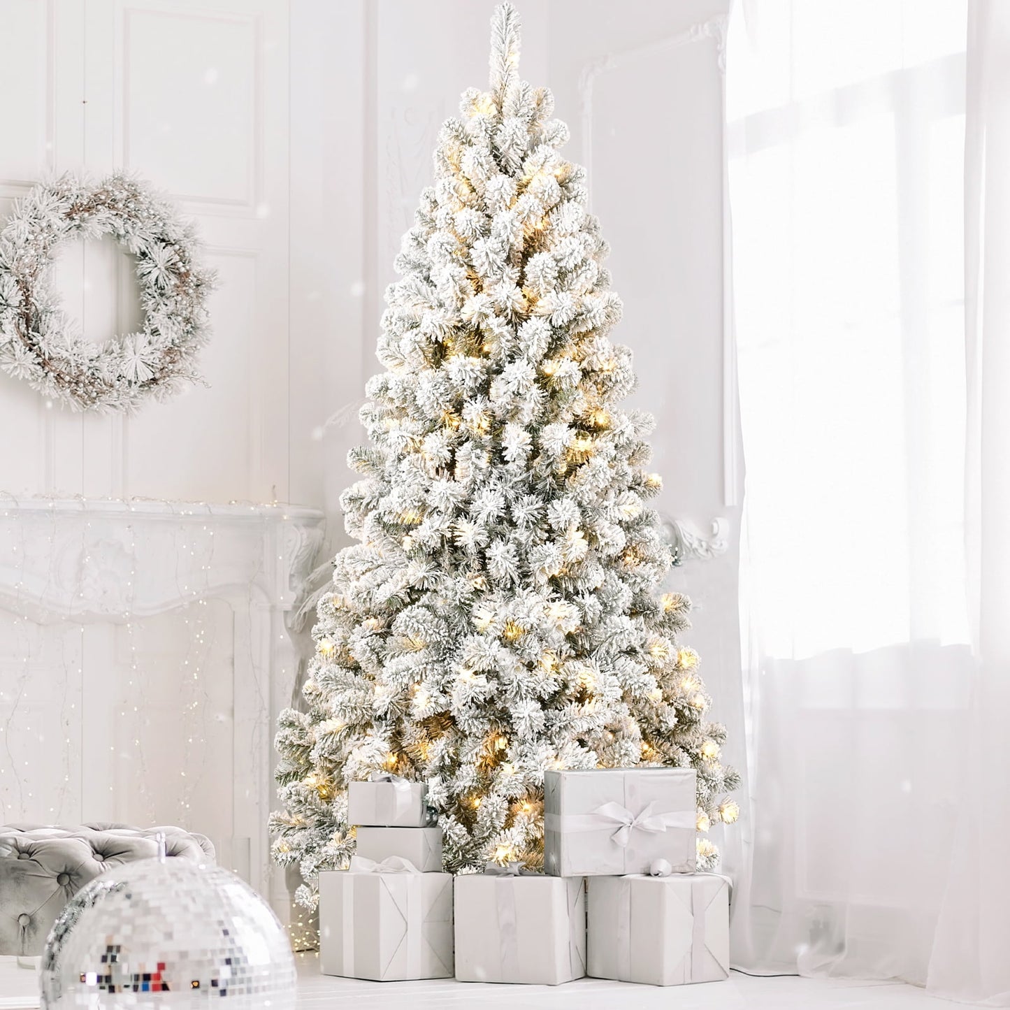 WHATOOK 5ft Pre-lit Flocked Christmas Tree Artificial Christmas Tree with 200 Warm-White LED Lights, 498 PVC Branch Tips, Foldable Metal Stand, Hinged Branches, White