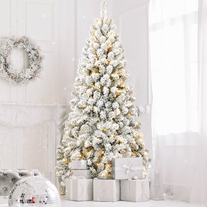 WHATOOK 5ft Pre-lit Flocked Christmas Tree Artificial Christmas Tree with 200 Warm-White LED Lights, 498 PVC Branch Tips, Foldable Metal Stand, Hinged Branches, White