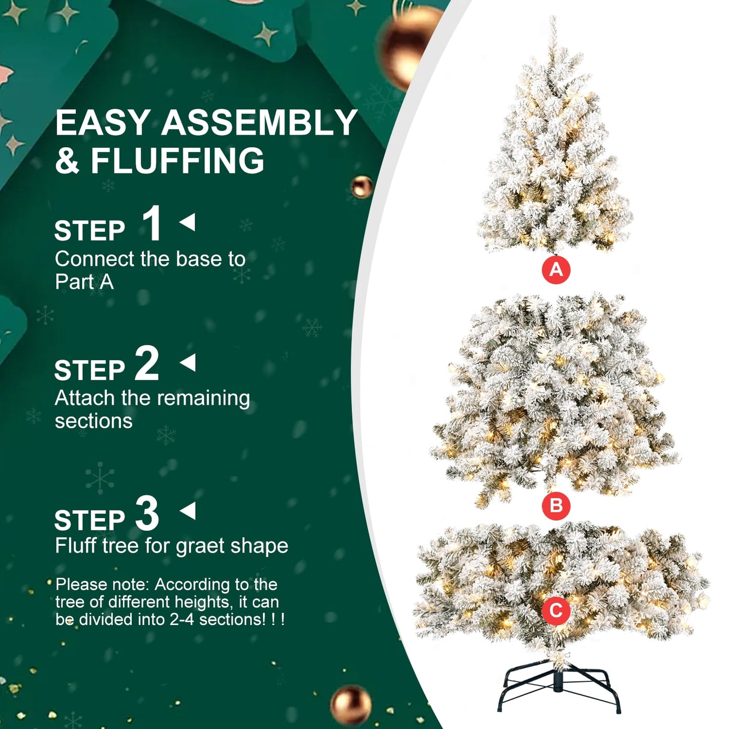 WHATOOK 6ft Pre-lit Flocked Christmas Tree Artificial Christmas Tree with 300 Warm-White LED Lights, 760 PVC Branch Tips, Foldable Metal Stand, Hinged Branches, White