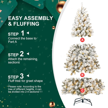 WHATOOK 6ft Pre-lit Flocked Christmas Tree Artificial Christmas Tree with 300 Warm-White LED Lights, 760 PVC Branch Tips, Foldable Metal Stand, Hinged Branches, White