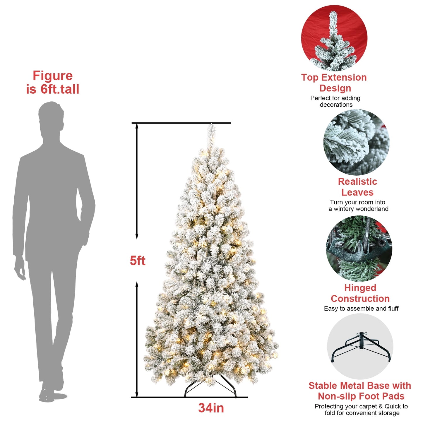 WHATOOK 5ft Pre-lit Flocked Christmas Tree Artificial Christmas Tree with 200 Warm-White LED Lights, 498 PVC Branch Tips, Foldable Metal Stand, Hinged Branches, White