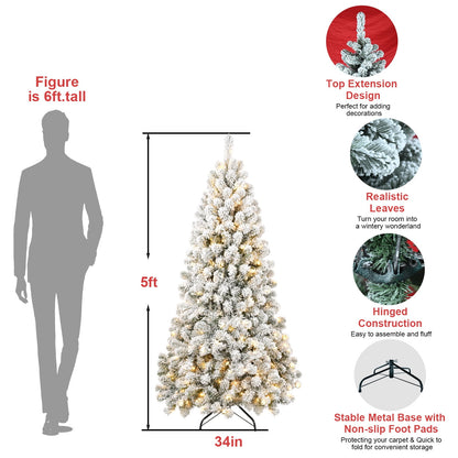 WHATOOK 5ft Pre-lit Flocked Christmas Tree Artificial Christmas Tree with 200 Warm-White LED Lights, 498 PVC Branch Tips, Foldable Metal Stand, Hinged Branches, White