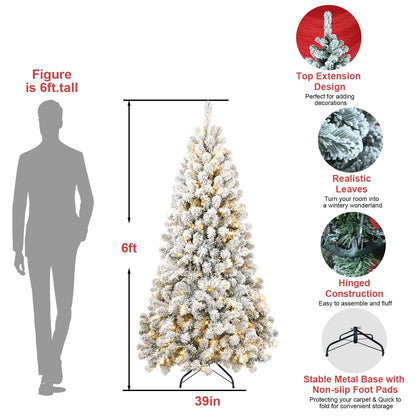 WHATOOK 6ft Pre-lit Flocked Christmas Tree Artificial Christmas Tree with 300 Warm-White LED Lights, 760 PVC Branch Tips, Foldable Metal Stand, Hinged Branches, White