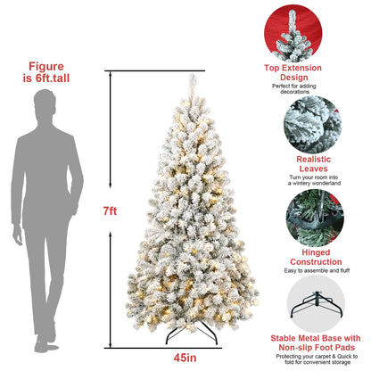 WHATOOK 7ft Pre-lit Flocked Christmas Tree Artificial Christmas Tree with 400 Warm-White LED Lights, 1064 PVC Branch Tips, Foldable Metal Stand, Hinged Branches, White