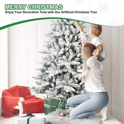 WHATOOK 6ft Snow Flocked Christmas Tree, Artificial Full Christmas Tree, Christmas Pine Tree with 1100 PVC Branch Tips, Foldable Metal Stand, Hinged Branches, White