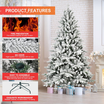 WHATOOK 6ft Snow Flocked Christmas Tree, Artificial Full Christmas Tree, Christmas Pine Tree with 1100 PVC Branch Tips, Foldable Metal Stand, Hinged Branches, White