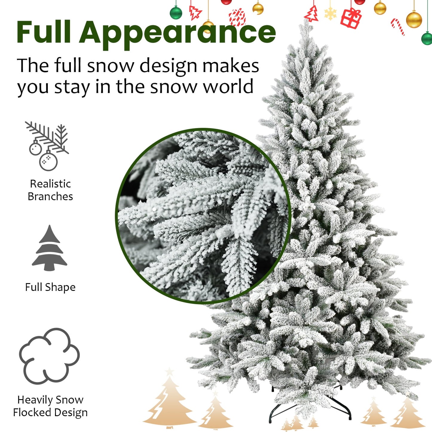 WHATOOK 6ft Snow Flocked Christmas Tree, Artificial Full Christmas Tree, Christmas Pine Tree with 1100 PVC Branch Tips, Foldable Metal Stand, Hinged Branches, White