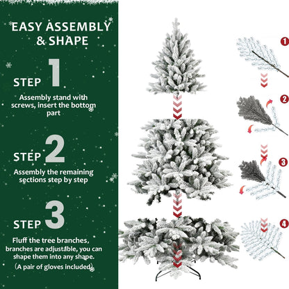 WHATOOK 6ft Snow Flocked Christmas Tree, Artificial Full Christmas Tree, Christmas Pine Tree with 1100 PVC Branch Tips, Foldable Metal Stand, Hinged Branches, White