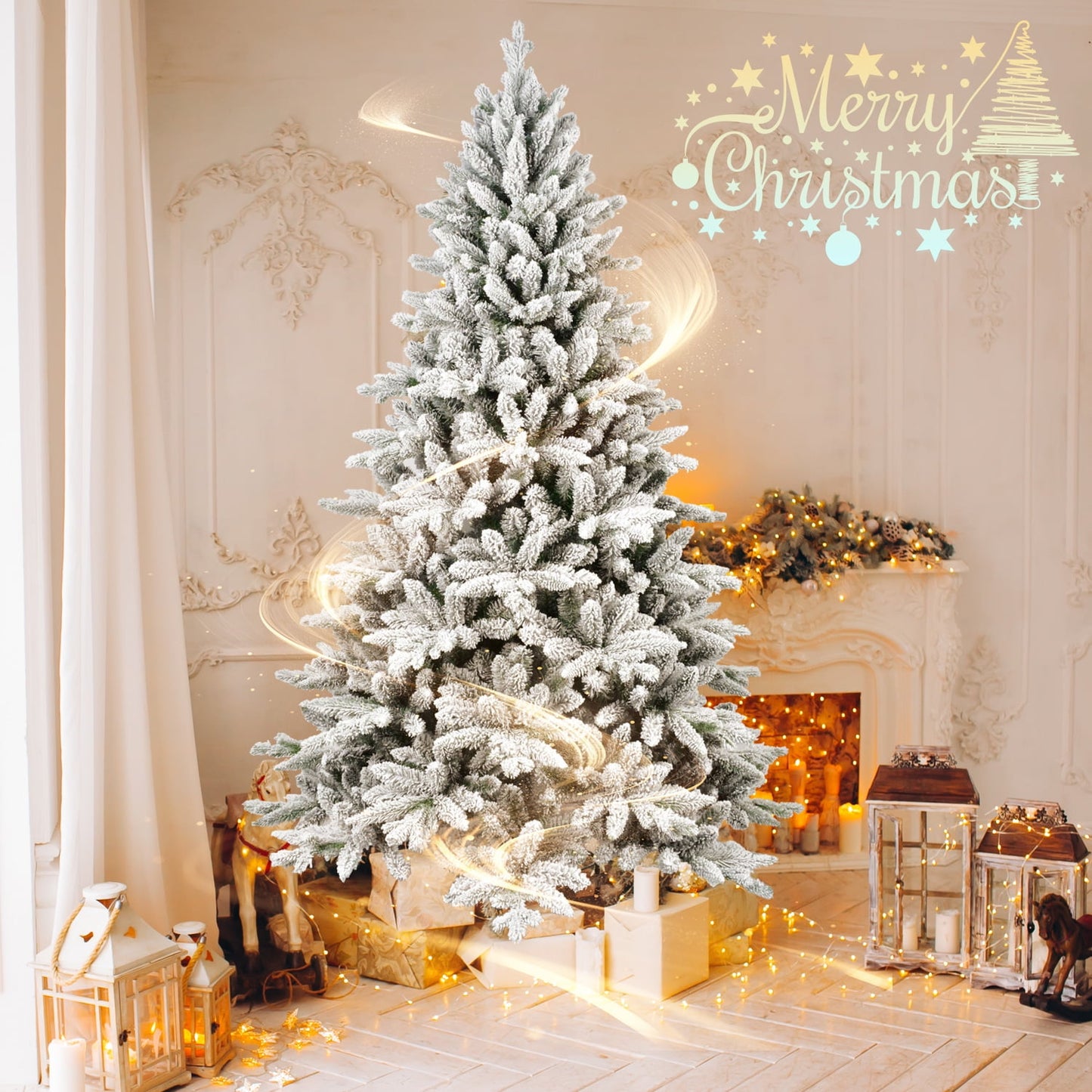 WHATOOK 6ft Snow Flocked Christmas Tree, Artificial Full Christmas Tree, Christmas Pine Tree with 1100 PVC Branch Tips, Foldable Metal Stand, Hinged Branches, White