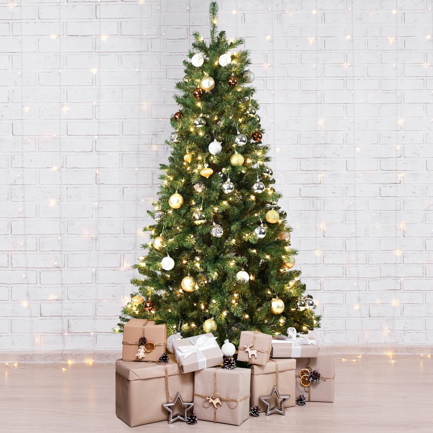 WHATOOK 6 ft Pre-Lit Aspen Fir Artificial Christmas Tree with 350 Clear Lights, Artificial Full Christmas Tree, Christmas Pine Tree with 866 PVC Branch Tips, Foldable Metal Stand, Hinged Branches