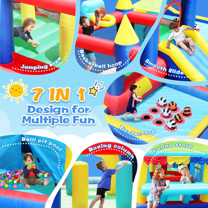 WHATOOK 7 in 1 Inflatable Bounce House, Bouncy House with Ball Pit for Kids Indoor Outdoor Party Family Fun, Obstacles, Toddler Jump Bouncy Castle with Ball Pit for Birthday Party Gifts