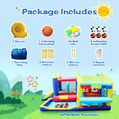 WHATOOK 7 in 1 Inflatable Bounce House, Bouncy House with Ball Pit for Kids Indoor Outdoor Party Family Fun, Obstacles, Toddler Jump Bouncy Castle with Ball Pit for Birthday Party Gifts